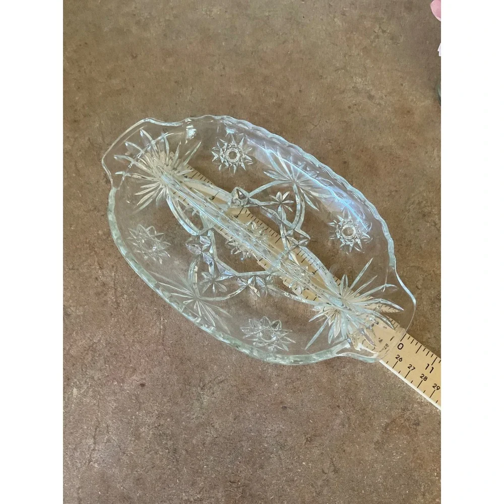 Vintage Clear Pressed Glass Divided Relish Dish Starburst Oval Serving Tray 9.5